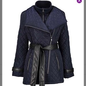 Navy layered faux leather- accent quilted jacket